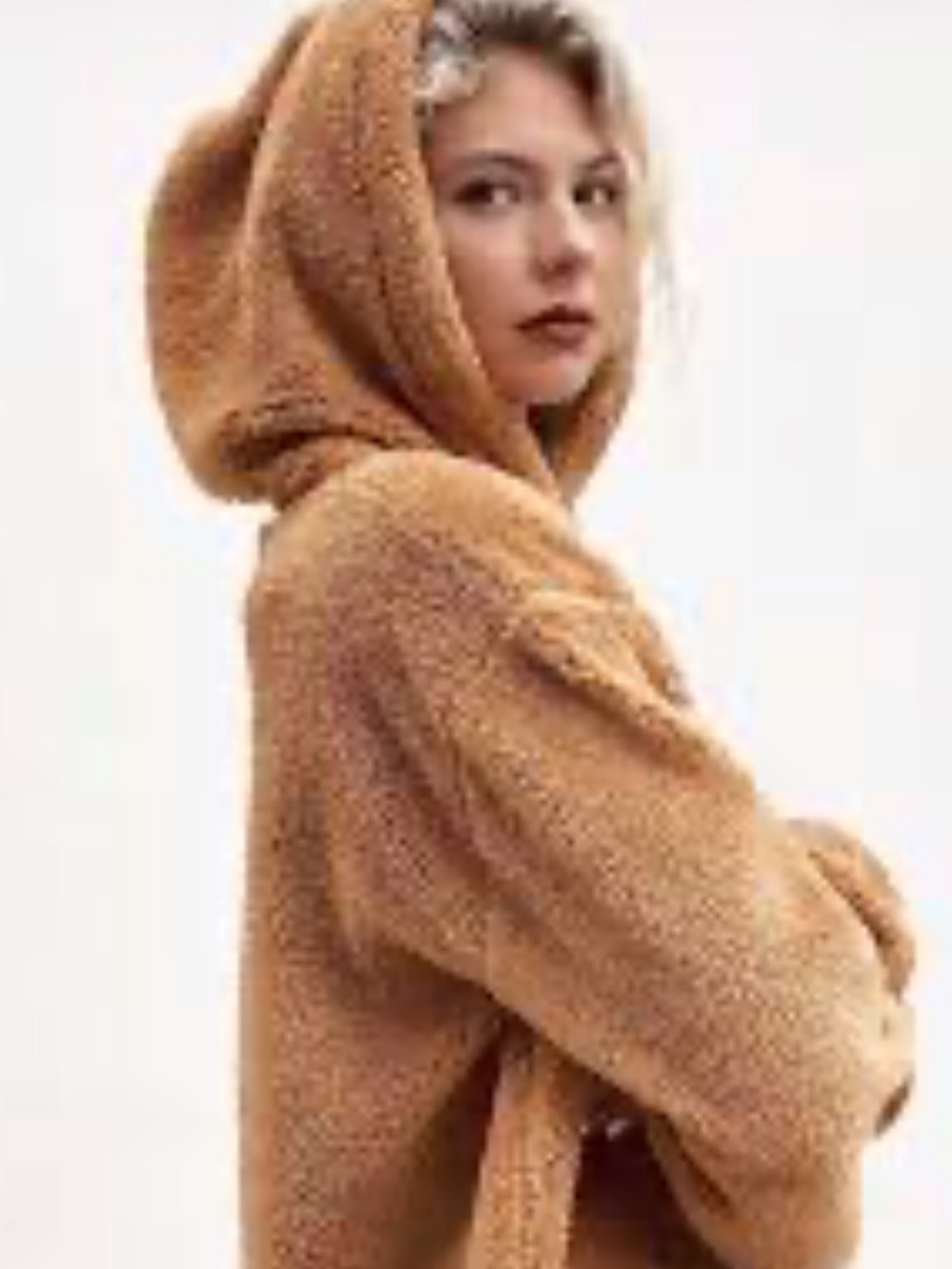 SHEIN Brown Teddy Fleece Hooded Pullover
